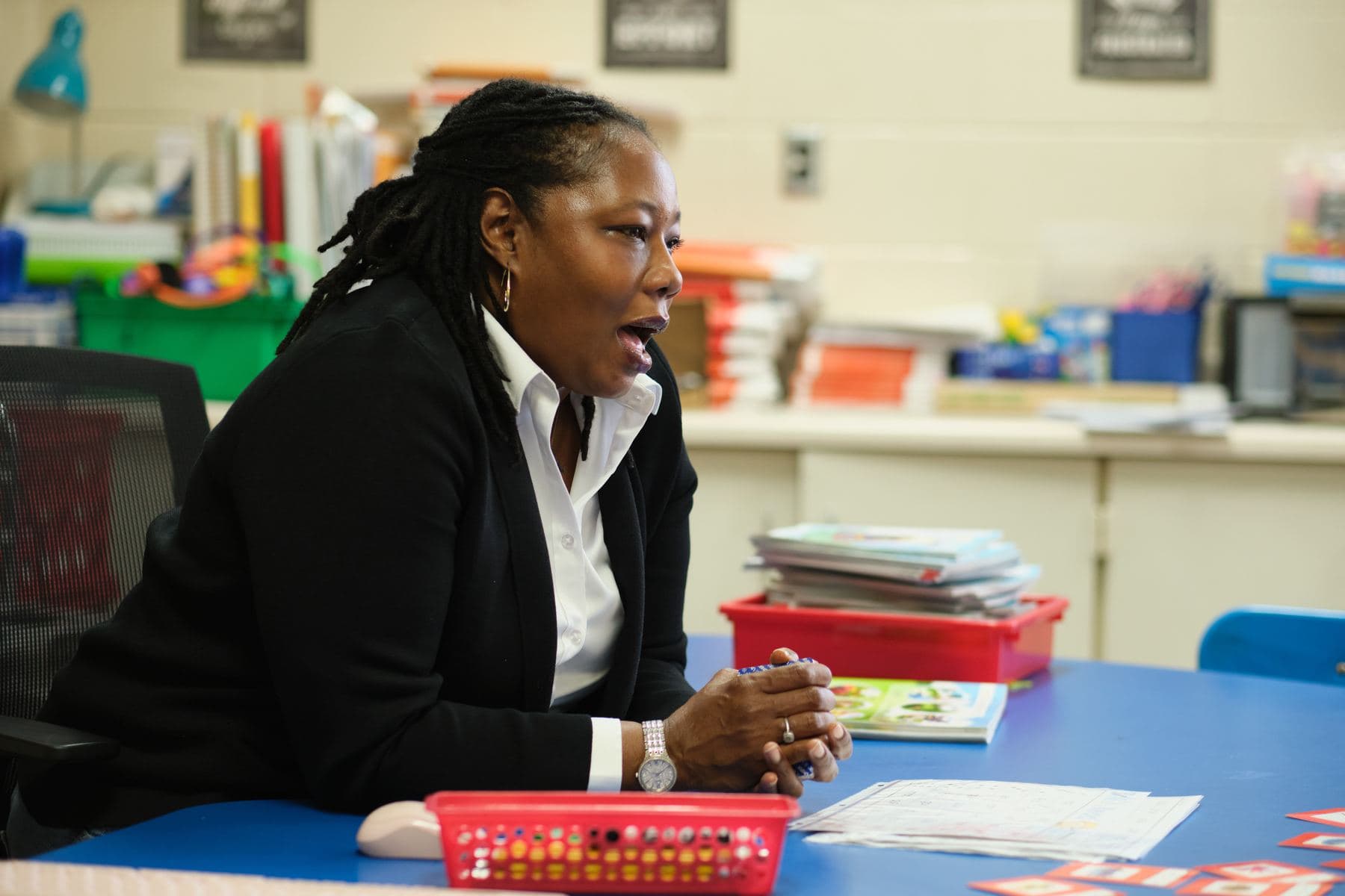 A teacher at her desk